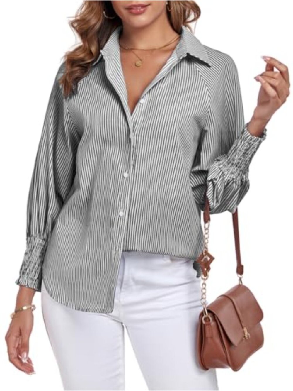 Oversized Long Sleeve Striped Button Down Blouse Puffer Sleeve